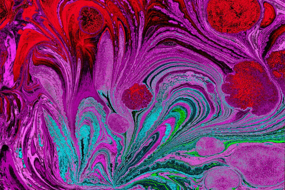 Abstract purple and red AI marbling art in a brick repeat pattern on wallpaper. — base photo: A close-up of abstract generative art, featuring vibrant, swirling marbling in dominant hues of deep