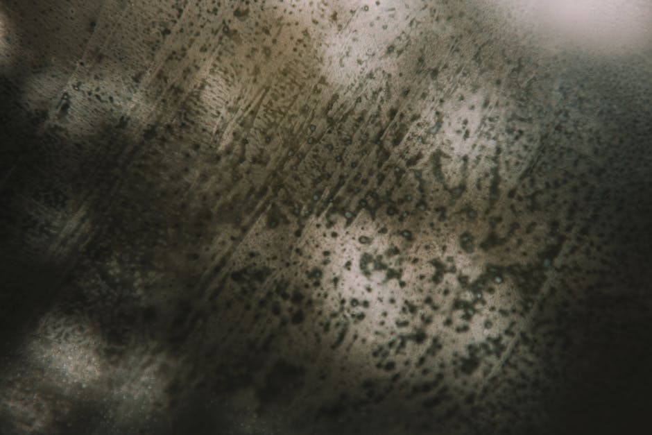 A seamless kaleidoscope pattern in stained glass style, featuring geometric shapes and the illusion of leaded lines, inspired by a water-detailed textured surface. — base photo: An abstract, blurred close-up of a textured surface, possibly glass or metal, with delicate water dr