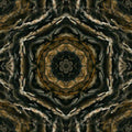 Close-up of an abstract, symmetrical pattern inspired by tree bark textures in earthy brown and tan tones, featuring a kaleidoscope effect.