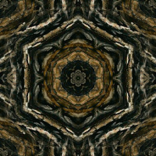 Close-up of an abstract, symmetrical pattern inspired by tree bark textures in earthy brown and tan tones, featuring a kaleidoscope effect.