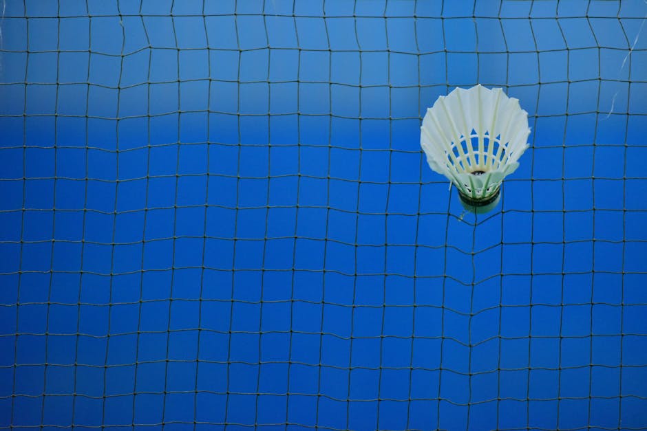 Seamless kaleidoscope wallpaper pattern — Geometry by wallpaper⁶ — base photo: Shuttlecock caught in badminton net on blue court, symbolizing sport and challenge.