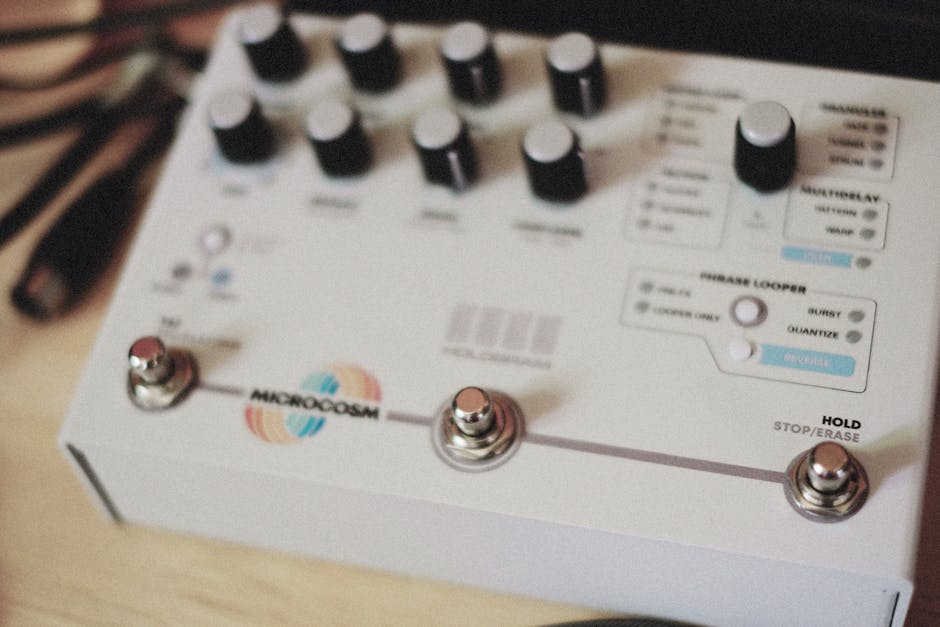 Seamless kaleidoscope wallpaper pattern — Glitch by wallpaper⁶ — base photo: A detailed shot of an audio effects pedal featuring multiple knobs and switches for music production