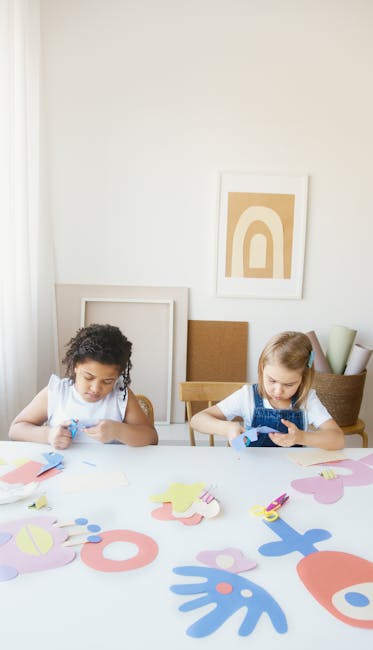 Seamless diamond wallpaper pattern — Origami by wallpaper⁶ — base photo: Two children enjoying a creative arts and crafts activity indoors, cutting colorful paper shapes wit