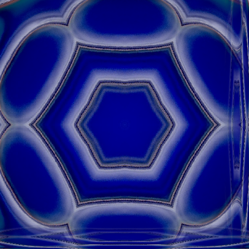A symmetrical Kaleidoscope pattern of blue and amber stained glass fragments with intricate lead lighting and crystalline geometry.