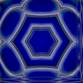 A symmetrical Kaleidoscope pattern of blue and amber stained glass fragments with intricate lead lighting and crystalline geometry.