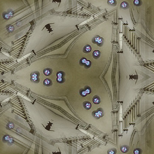 Geometric stained glass pattern in blues and reds with hex symmetry, inspired by cathedral windows, for wallpaper.