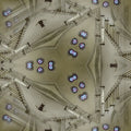 Geometric stained glass pattern in blues and reds with hex symmetry, inspired by cathedral windows, for wallpaper.