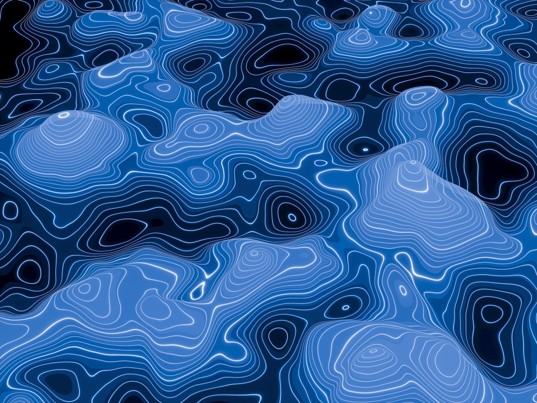 Seamless hex wallpaper pattern — Cartography by wallpaper⁶ — base photo: A Blue-toned 3D abstract terrain with glowing contour lines flowing across smooth, wave-like surface