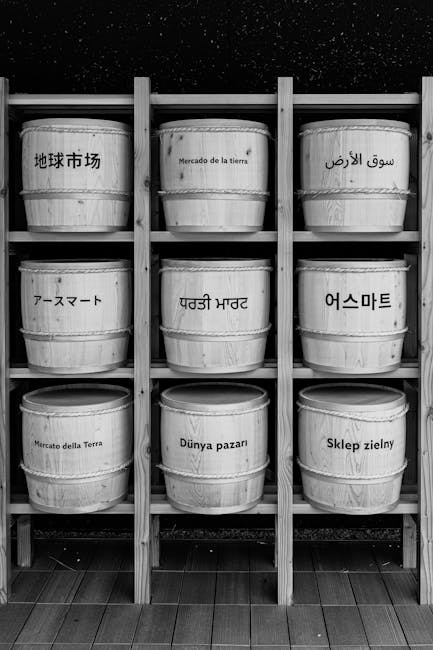 Seamless hex wallpaper pattern — Calligraphy by wallpaper⁶ — base photo: Black and white image of wooden bins with multilingual market names on display shelves.