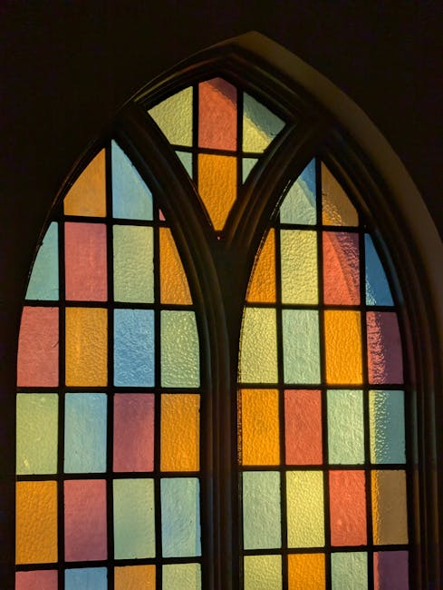 Seamless hex wallpaper pattern — Stained Glass by wallpaper⁶ — base photo: Vibrant stained glass windows casting colorful light patterns in church interior.