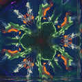 A seamless hexagonal pattern showing fluid color gradients of orange, purple, and blue in a repeating Hex symmetry.