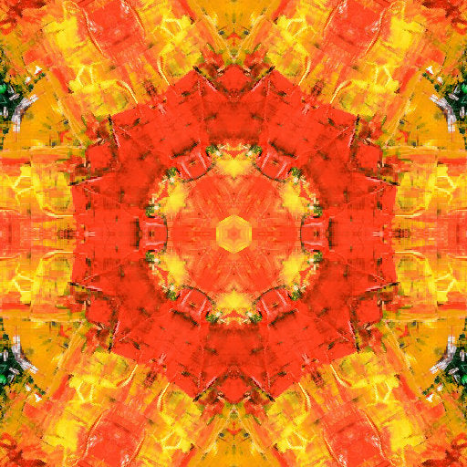 A radial kaleidoscope pattern in shades of gold and amber, resembling a glowing geometric mandala with sharp light filaments.