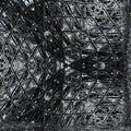 A repeating hexagonal pattern of blue molecular structures and chemical bonds on a white background using Hex symmetry.