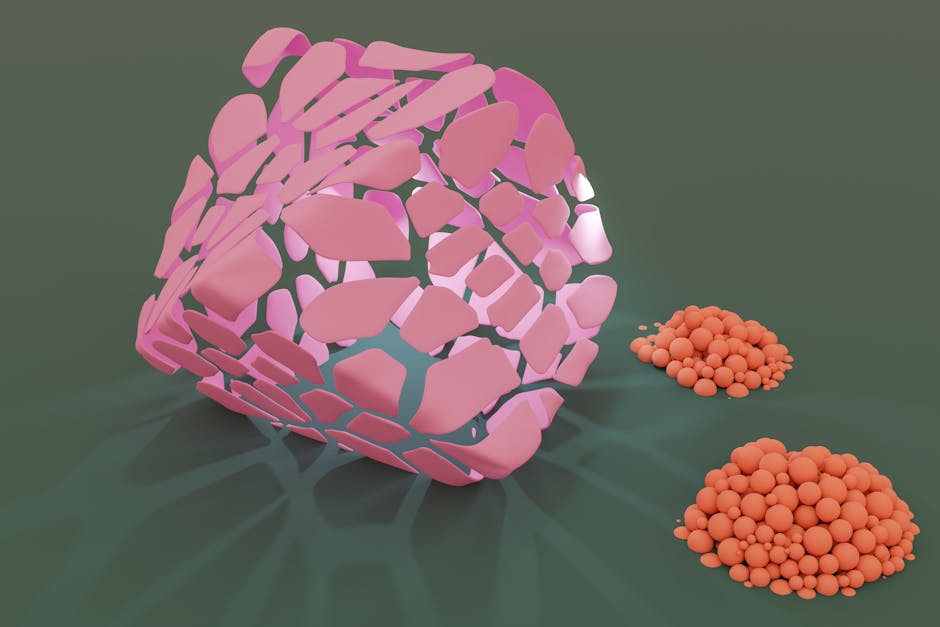 Seamless kaleidoscope wallpaper pattern — Biochemistry by wallpaper⁶ — base photo: Creative digital abstract art with pink geometric shapes and orange spheres on a green background.
