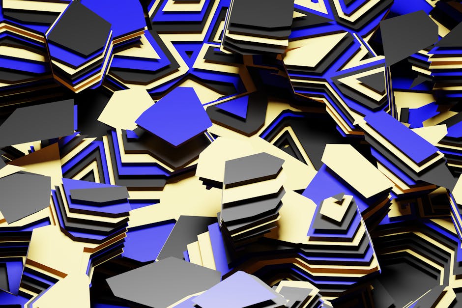 A close-up of 3D isometric geometric shapes arranged in a brick pattern, in shades of blue, black, and cream. — base photo: Mahmoud Ramadan's initial composition presents a dynamic interplay of geometric solids. Stacked and 