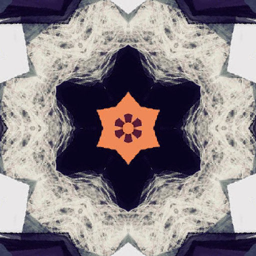 A radial kaleidoscopic pattern created from a human portrait, featuring warm skin tones and symmetrical geometric shapes.