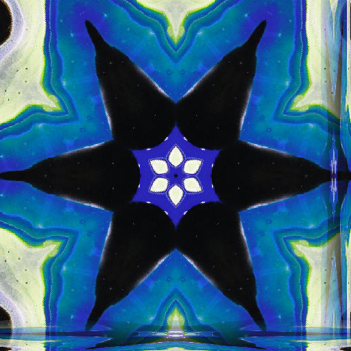 Blue and white abstract marble swirls arranged in a symmetrical kaleidoscope pattern on wallpaper.
