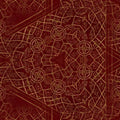 Geometric stained glass pattern with hexagonal symmetry, in vibrant jewel tones with dark lead lines, on wallpaper.