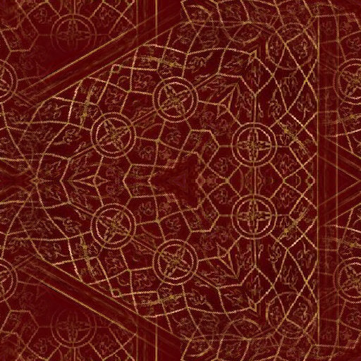 Geometric stained glass pattern with hexagonal symmetry, in vibrant jewel tones with dark lead lines, on wallpaper.
