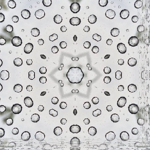 A radial kaleidoscope pattern of swirling blue and white weather systems and isobar lines in a symmetrical mandala style.