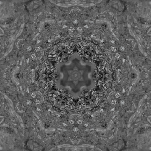 A complex kaleidoscope pattern in shades of amber and black with intricate radial symmetry and geometric facets.