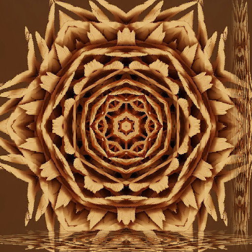 A dark, moody 3D isometric pattern featuring black geometric shards arranged in a radial Kaleidoscope symmetry.