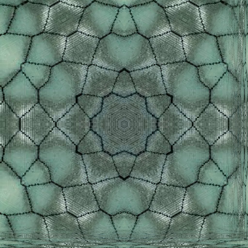 A close-up of a broken fence against a blue sky, transformed into an abstract stained glass pattern using kaleidoscope symmetry.