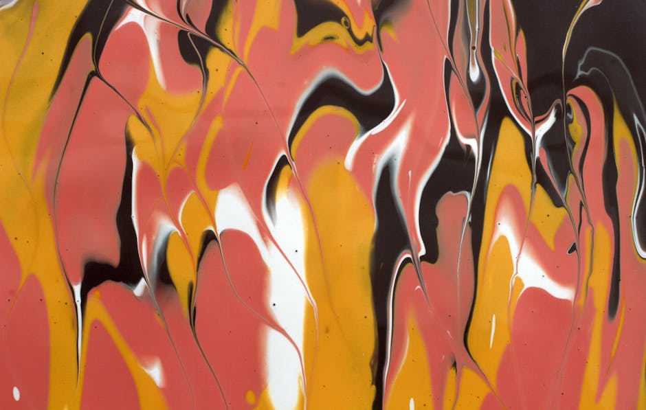 Abstract Flow kaleidoscope wallpaper pattern with flowing yellow, red, and black acrylic paint designs. — base photo: A dynamic abstract artwork, characterized by the fluid interplay of vibrant yellow, intense red, and