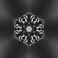 A black and white kaleidoscopic repeat pattern featuring fractured human facial features arranged in a stellar geometry.