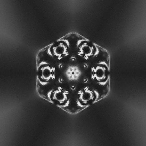 A black and white kaleidoscopic repeat pattern featuring fractured human facial features arranged in a stellar geometry.
