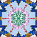 A radial Kaleidoscope pattern of glowing blue and purple shards, resembling a futuristic digital blooming flower.