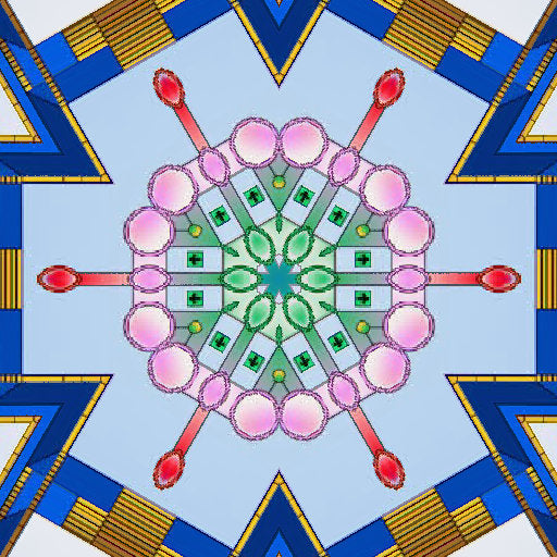 A radial Kaleidoscope pattern of glowing blue and purple shards, resembling a futuristic digital blooming flower.