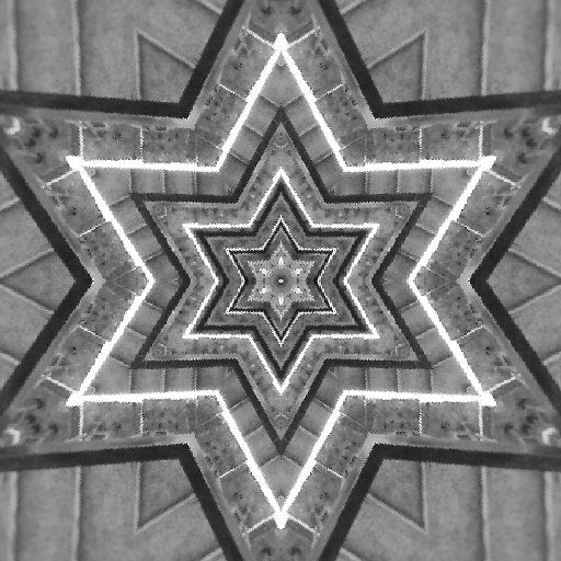 A monochromatic Op-Art pattern with complex Kaleidoscope symmetry featuring black and white geometric shapes and sharp lines.