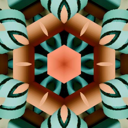A seamless pattern of repeating isometric pipes arranged in a kaleidoscope effect, creating a 3D geometric design.