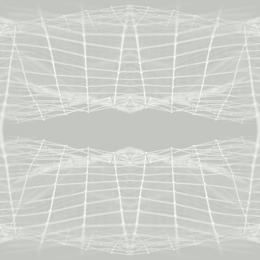 A symmetrical white geometric web of lines and dots on a dark background using Mirror symmetry, creating a technological lattice.