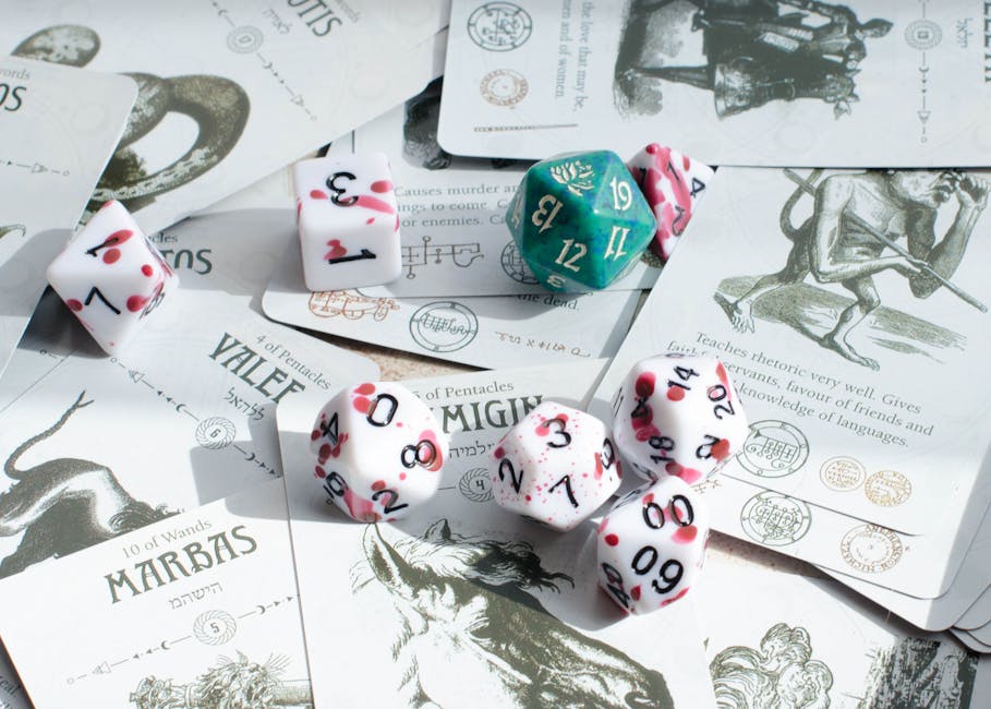 Hexagonal pattern of tarot cards and gaming dice, symbolizing randomness and fate, in 'Cryptography Dice' wallpaper. — base photo: A mystical tableau unfolds as tarot cards and gaming dice are scattered across a surface. The arrang