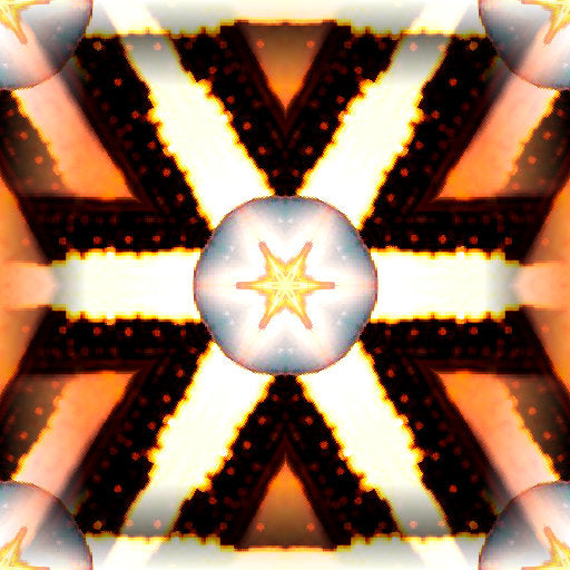 Kaleidoscopic pattern featuring vibrant sunset colors, originating from a reflection in a glass sphere, arranged in repeating symmetrical segments.