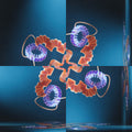 An intricate pattern of glowing molecular bonds arranged in a four-fold Rotation symmetry on a dark background.