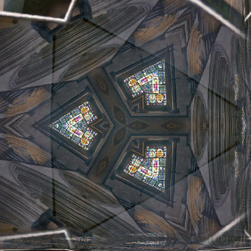 A seamless Hex symmetry pattern featuring abstract reflections of blue and red stained glass in dark water.
