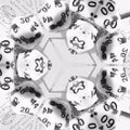 Hexagonal pattern of tarot cards and gaming dice, symbolizing randomness and fate, in 'Cryptography Dice' wallpaper.