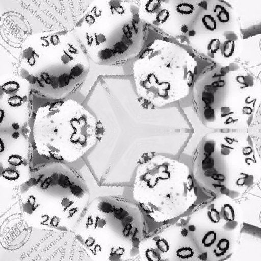 Hexagonal pattern of tarot cards and gaming dice, symbolizing randomness and fate, in 'Cryptography Dice' wallpaper.
