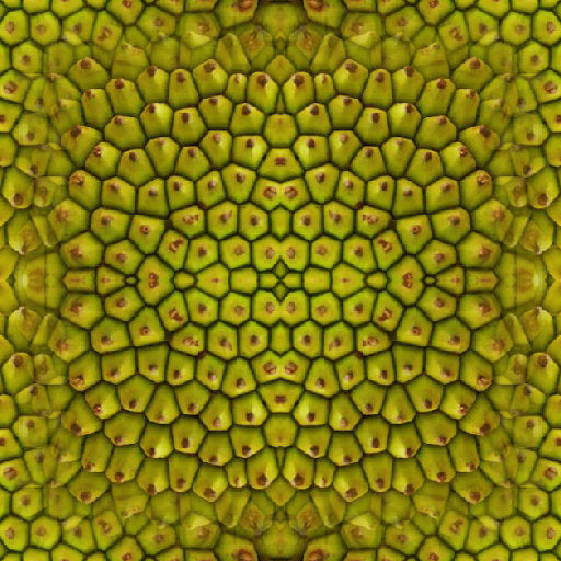 Origami tessellation pattern with mirror symmetry, inspired by the texture of a green jackfruit, in vibrant green and gold tones.
