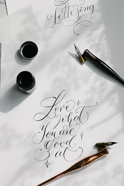 Seamless hex wallpaper pattern — Calligraphy by wallpaper⁶ — base photo: Stylish calligraphy art with dip pens and ink bottles, featuring the phrase 'Love what you are good 