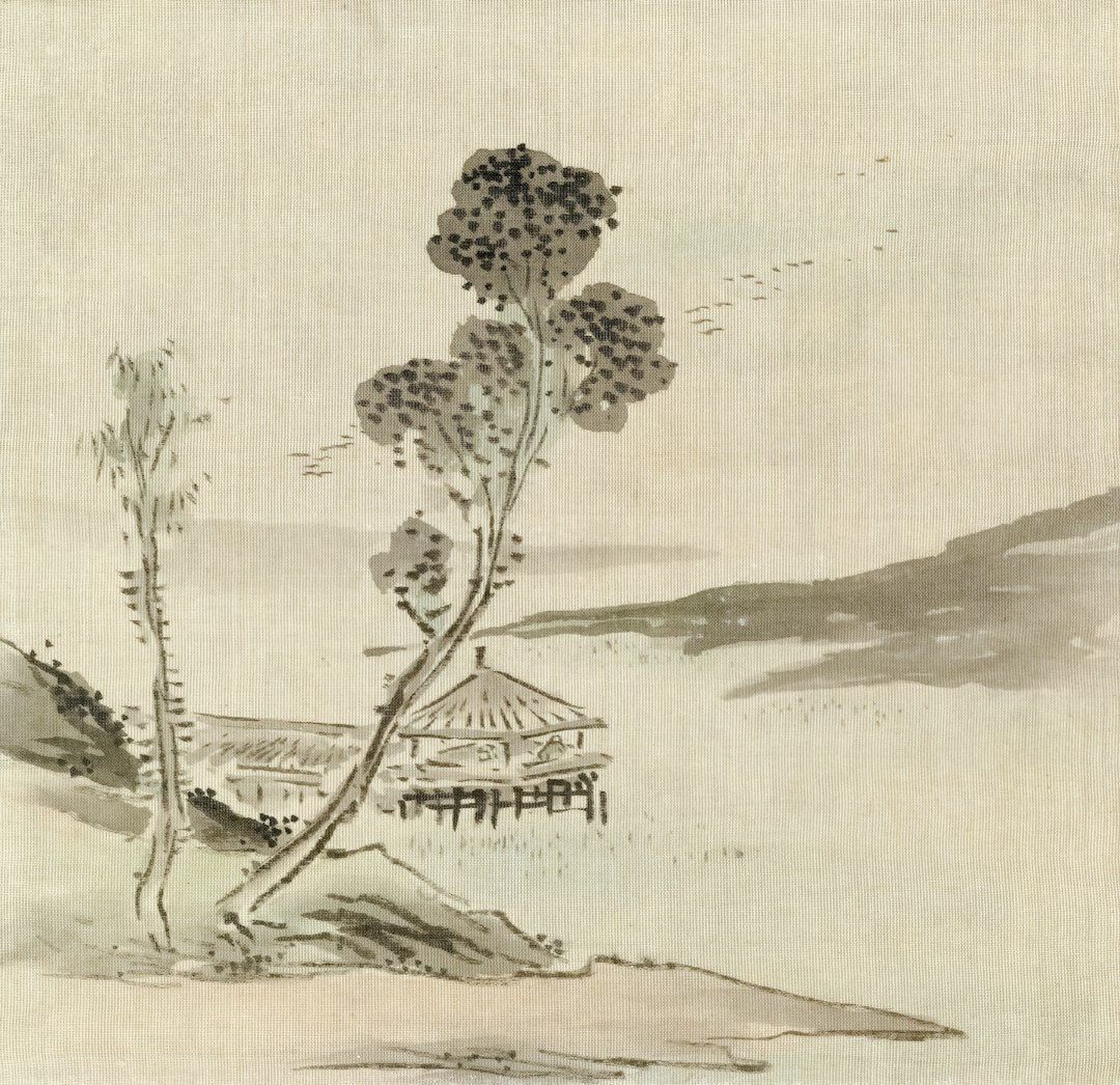 WALLPAPER⁶ — seamless hex pattern from chinese brush painting, Calligraphy — base photo: Leaf from Album Depicting Birds, Flowers, Landscapes, and Flower Pots Yoshizawa Setsuan (Japanese, 1