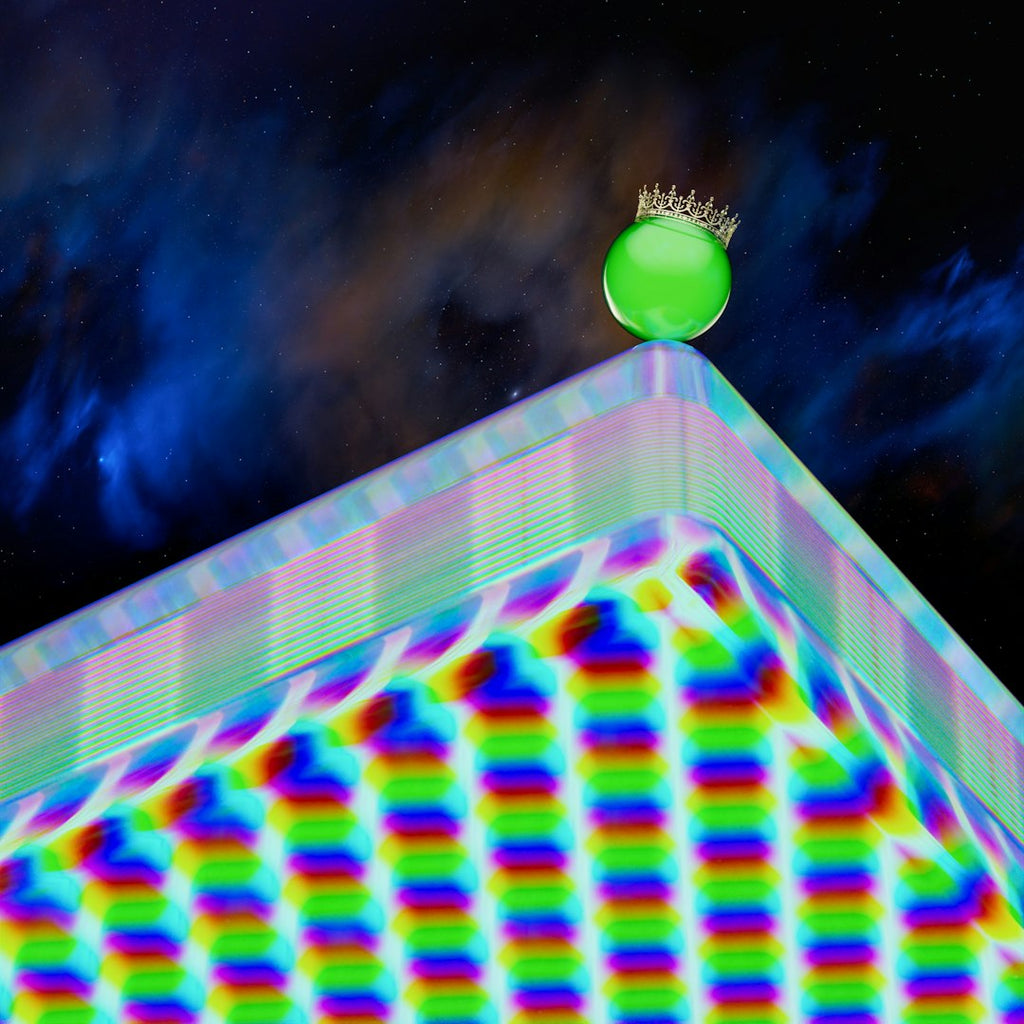 WALLPAPER⁶ — seamless rotate4 pattern from fractal flame, Fractals — base photo: a green ball sitting on top of a colorful pyramid