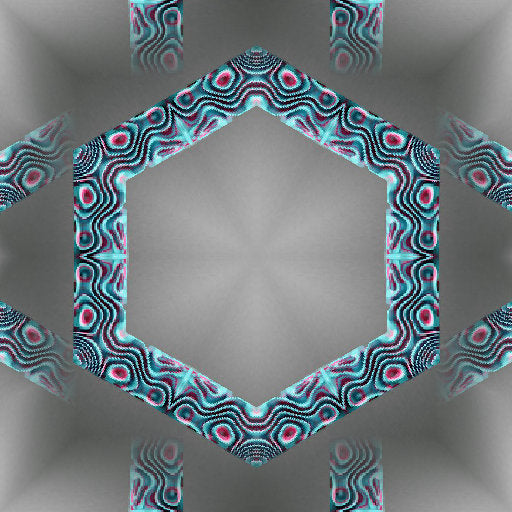A dark, monochromatic kaleidoscope pattern of sharp 3D shards and geometric crystals with complex radial symmetry.