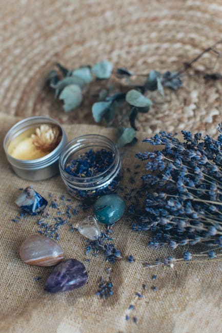 Mineralogy Kaleidoscope wallpaper pattern — base photo: Styled arrangement featuring lavender, gemstones, and eucalyptus for a calming ambiance.