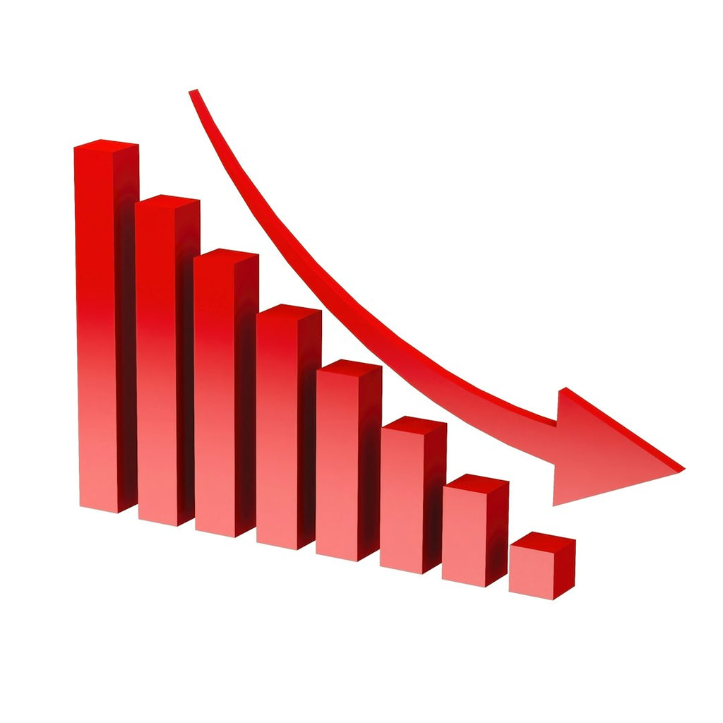 WALLPAPER⁶ — seamless rotate4 pattern from bell curve distribution, Statistics — base photo: Red 3D bar chart with downward arrow representing financial loss, economic decline, and market crash