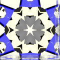3D isometric geometric shapes in blue, black, and cream arranged in a vibrant kaleidoscope pattern wallpaper.