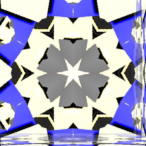 3D isometric geometric shapes in blue, black, and cream arranged in a vibrant kaleidoscope pattern wallpaper.
